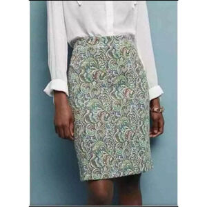 Anthropologie Maeve Paisley Printed Pencil Skirt Green brown Medium career work